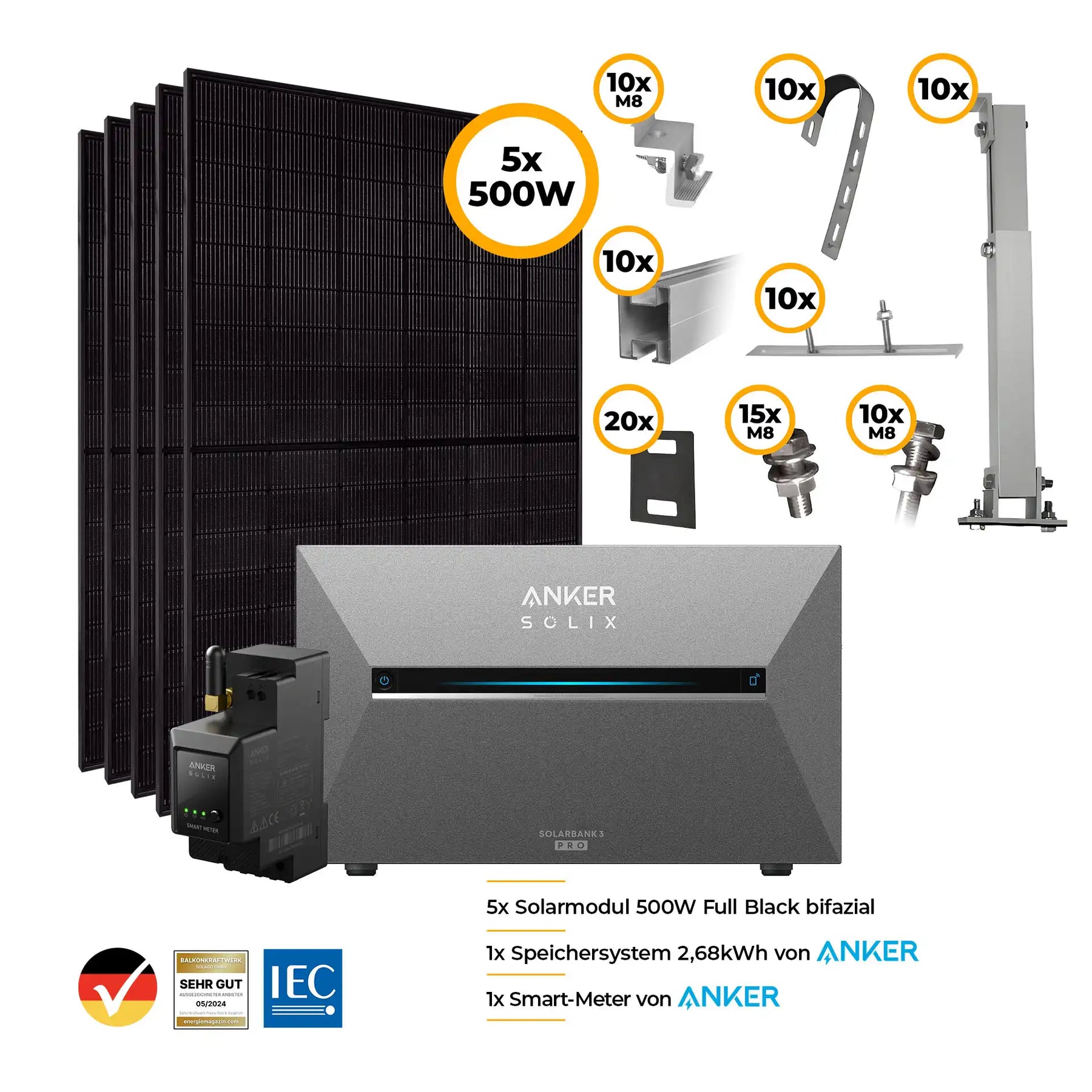 Solarkraftwerk mit Anker SOLIX Solarbank 3 Pro 2500W Glas-Glas bifazial - Komplettset Gitterbalkon