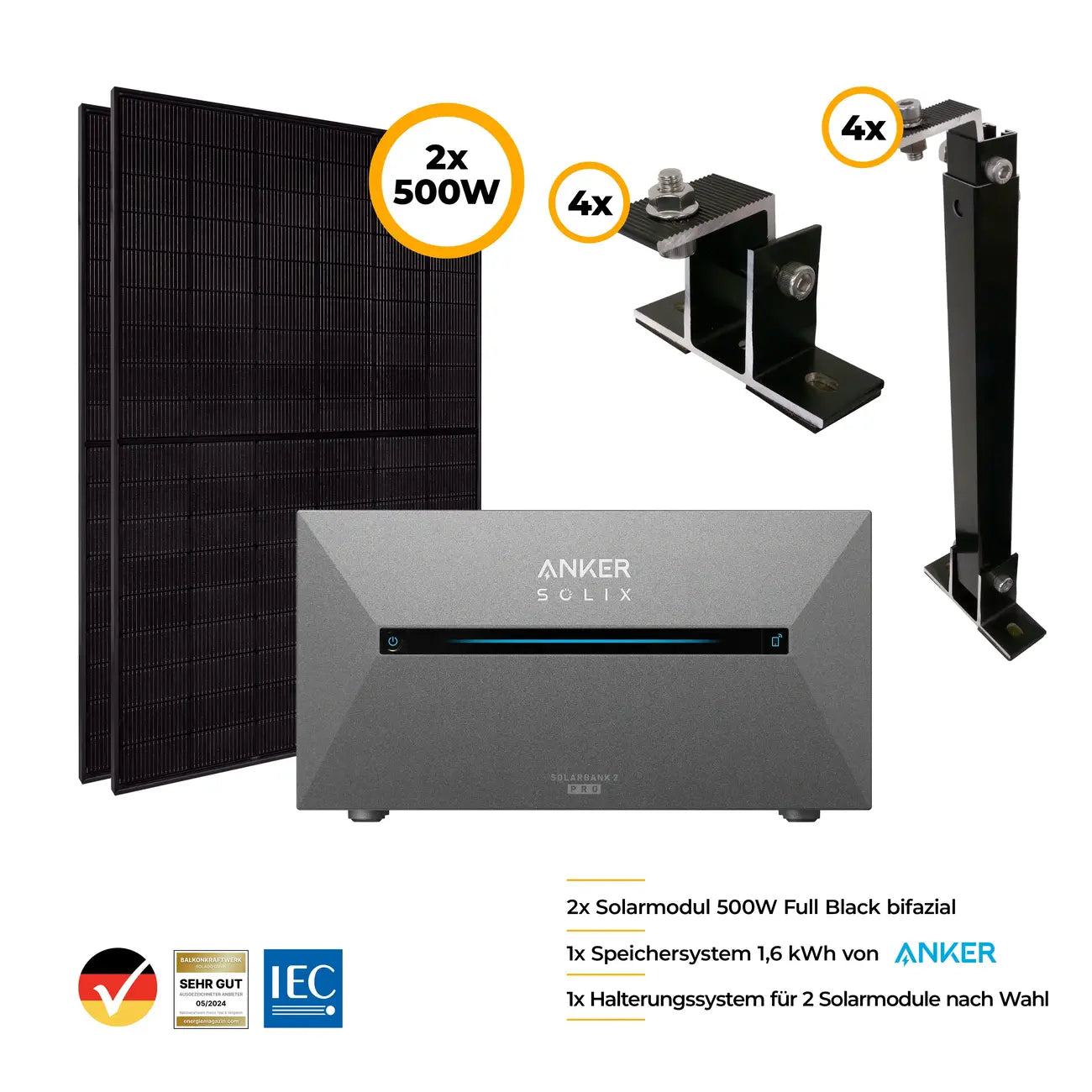 Balkonkraftwerk Komplettset 2x 500 Watt mit Anker Speicher 2 Pro