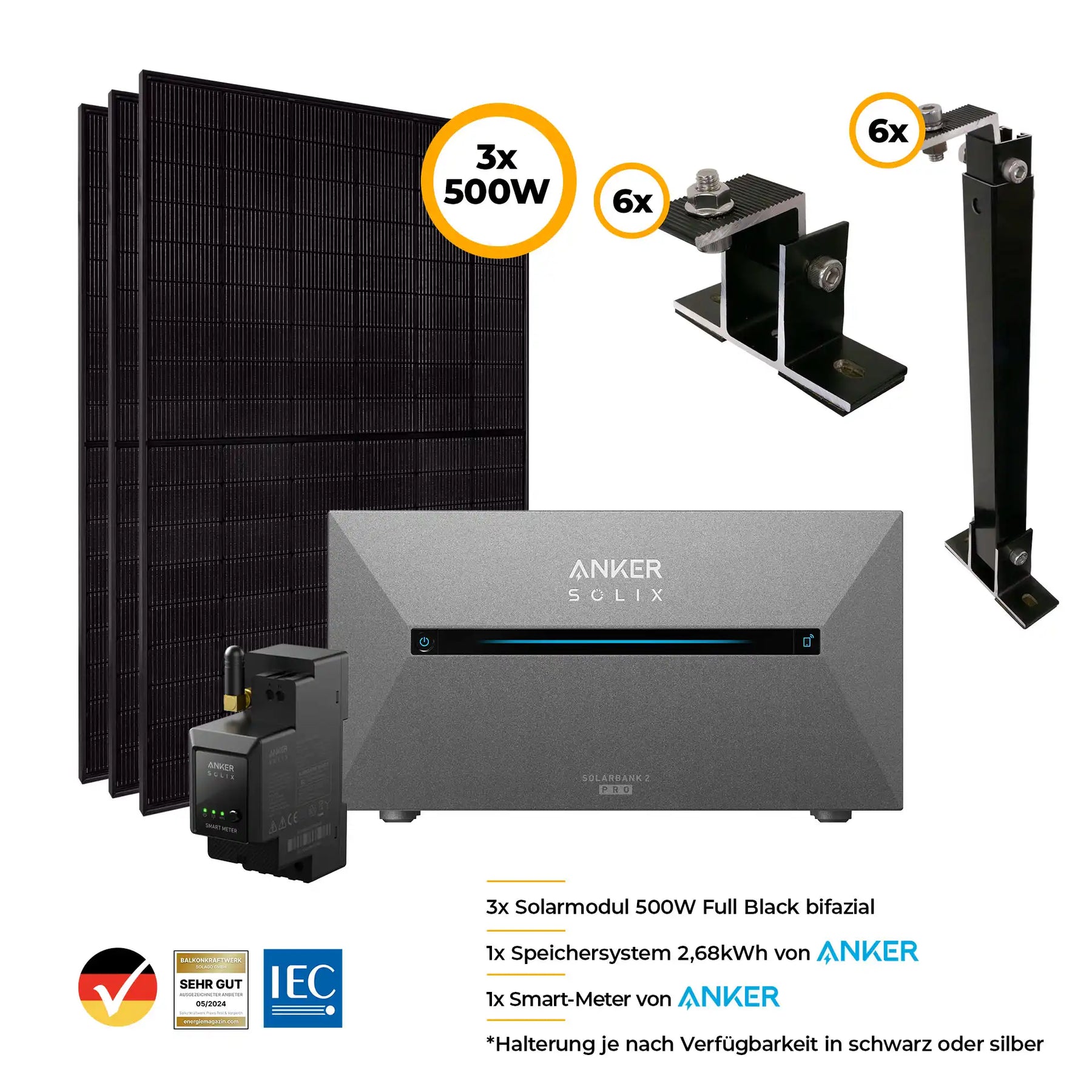 Balkonkraftwerk mit Anker SOLIX Solarbank 3 Pro 1500W Glas-Glas bifazial - Komplettset Wandmontage