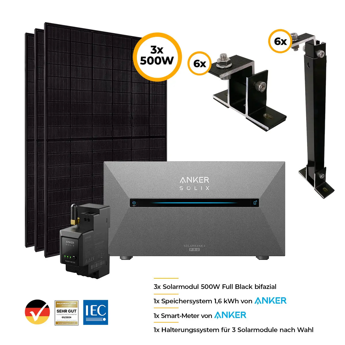 Balkonkraftwerk 1500Watt Set mit Anker Solix 2 Pro Speicher
