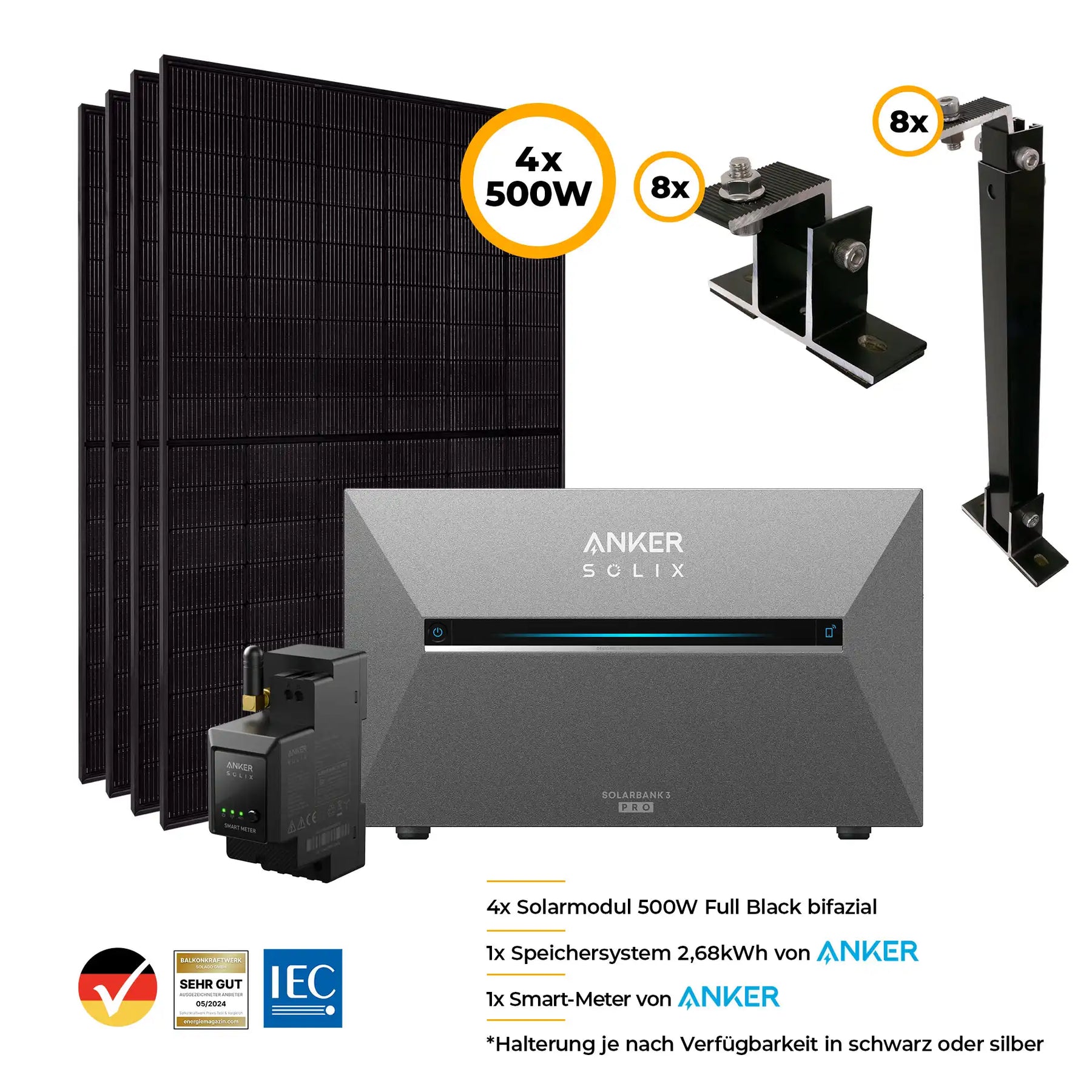 Balkonkraftwerk mit Anker SOLIX Solarbank 3 Pro 2000W Glas-Glas bifazial - Komplettset Flachdach/Boden