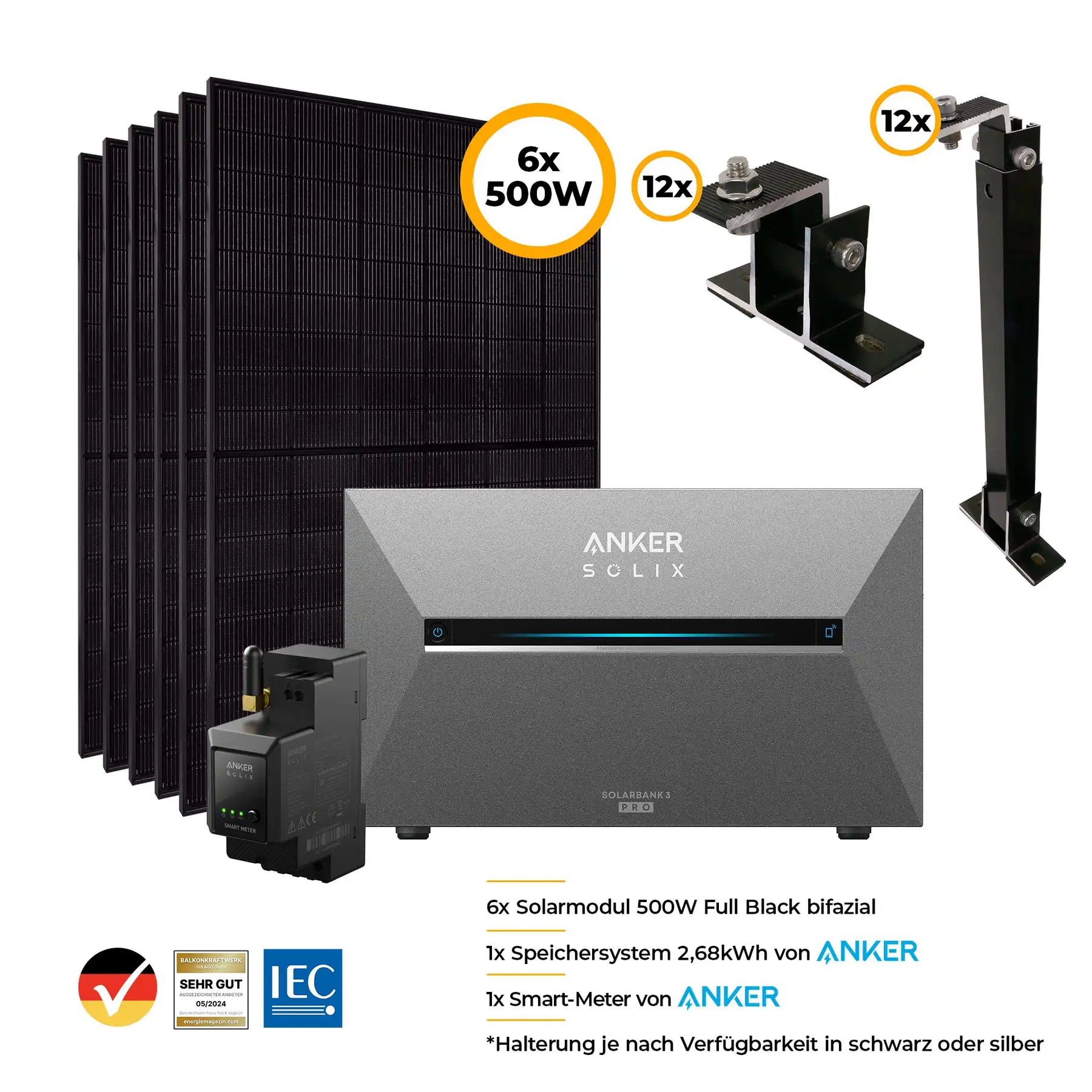 Balkonkraftwerk mit Anker SOLIX Solarbank 3 Pro 3000W Glas-Glas bifazial - Komplettset Flachdach/Boden Ste Bild