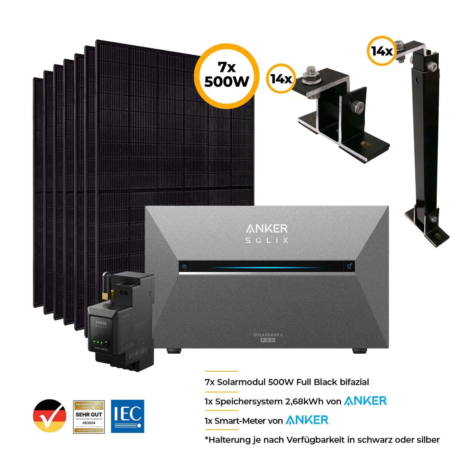 Balkonkraftwerk mit Anker SOLIX Solarbank 3 Pro 3500W Glas-Glas bifazial - Komplettset Flachdach/Boden Set Bild