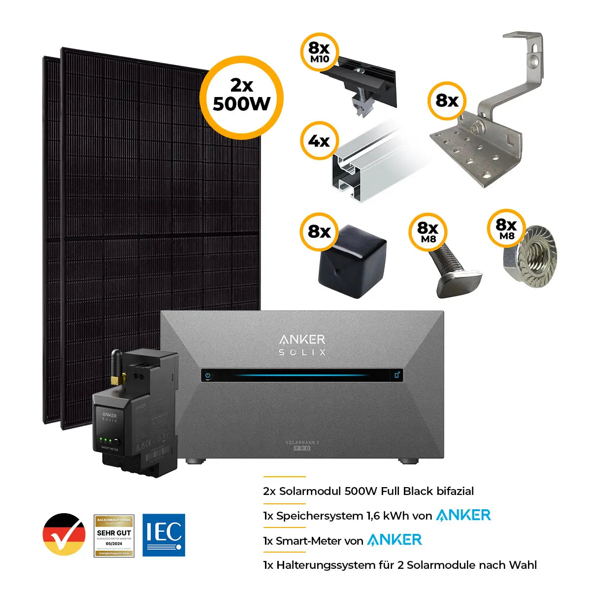 Balkonkraftwerk Komplettset 2x 500 Watt mit Anker Speicher 2 Pro