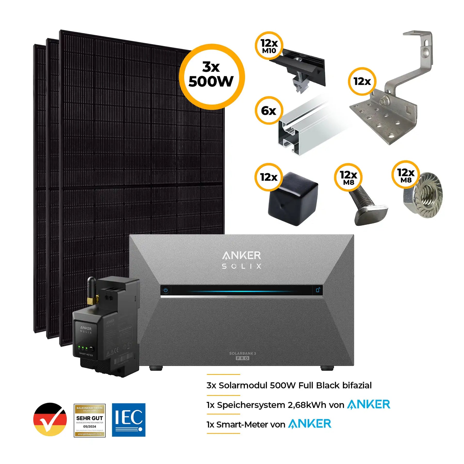 Balkonkraftwerk mit Anker SOLIX Solarbank 3 Pro 1500W Glas-Glas bifazial - Komplettset Schrägdach vertikal