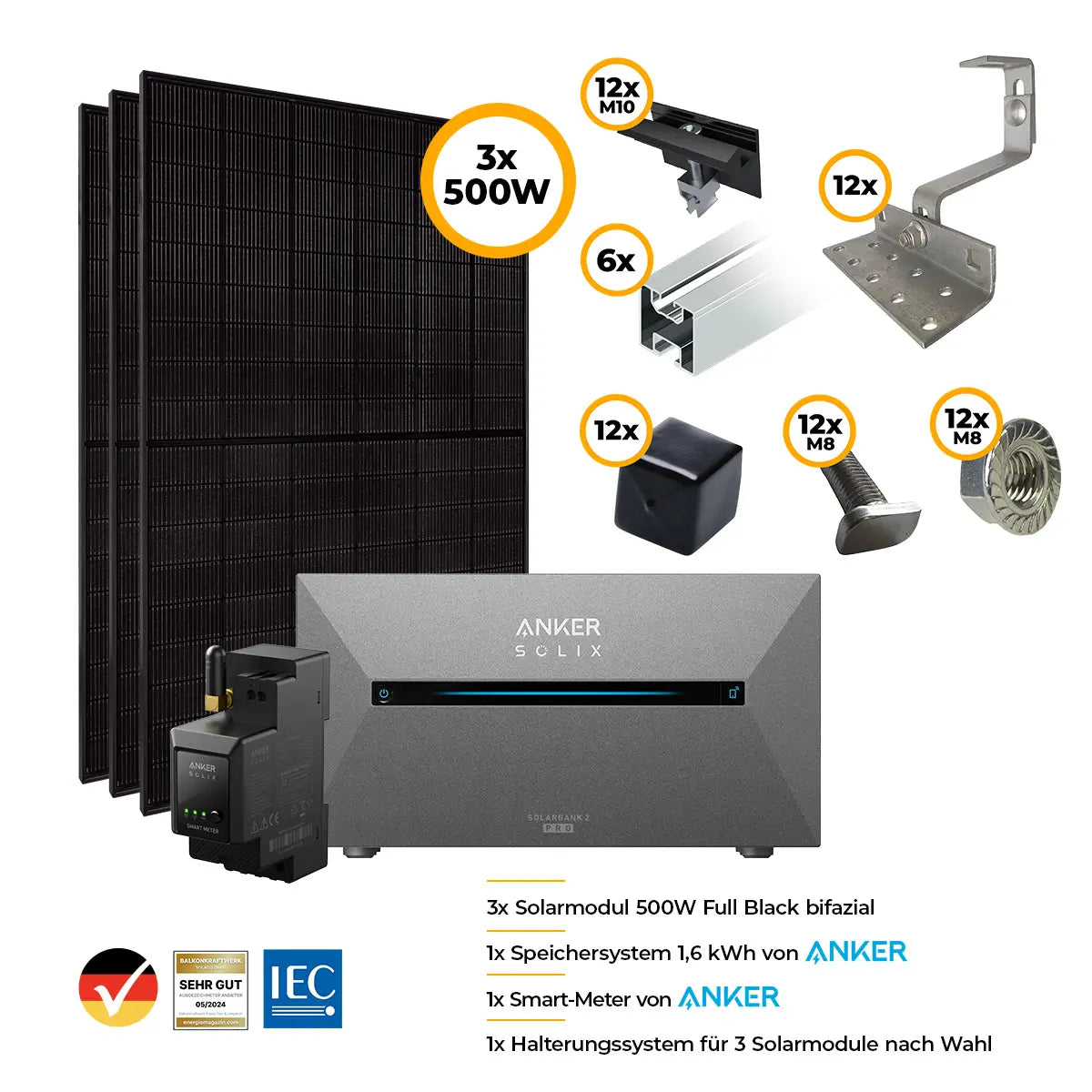 Balkonkraftwerk 1500Watt Set mit Anker Solix 2 Pro Speicher