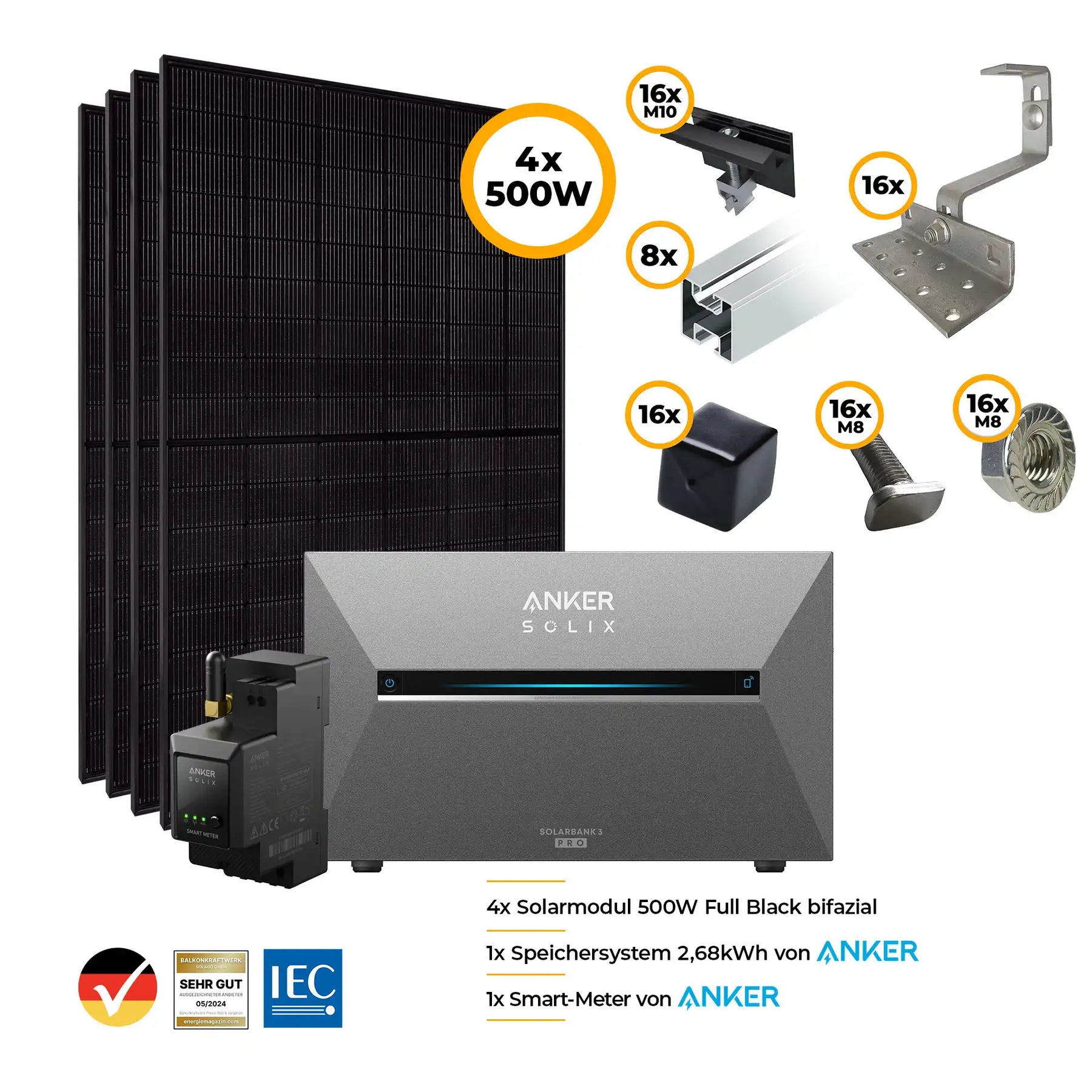 Balkonkraftwerk mit Anker SOLIX Solarbank 3 Pro 2000W Glas-Glas bifazial - Komplettset Schrägdach vertikal