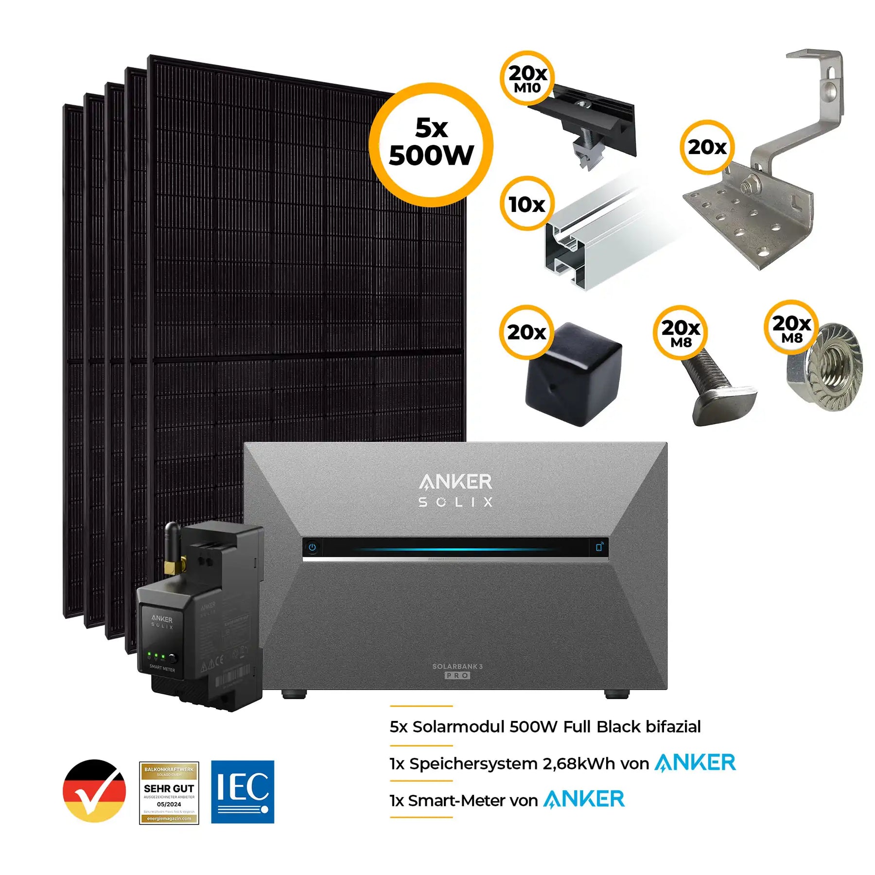 Balkonkraftwerk mit Anker SOLIX Solarbank 3 Pro 2500W Glas-Glas bifazial - Komplettset Schrägdach vertikal Set Bild