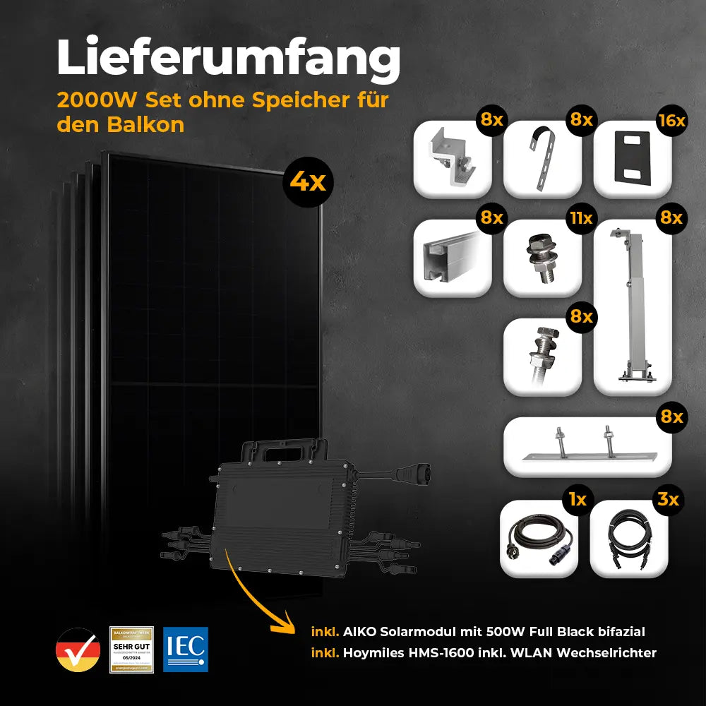 Gitterbalkon 2000W Balkonkraftwerk Lieferumfang – solago