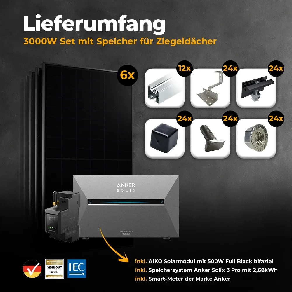 Solarkraftwerk 3000W mit Speicher Anker SOLIX 3 Pro - Komplettset Schrägdach