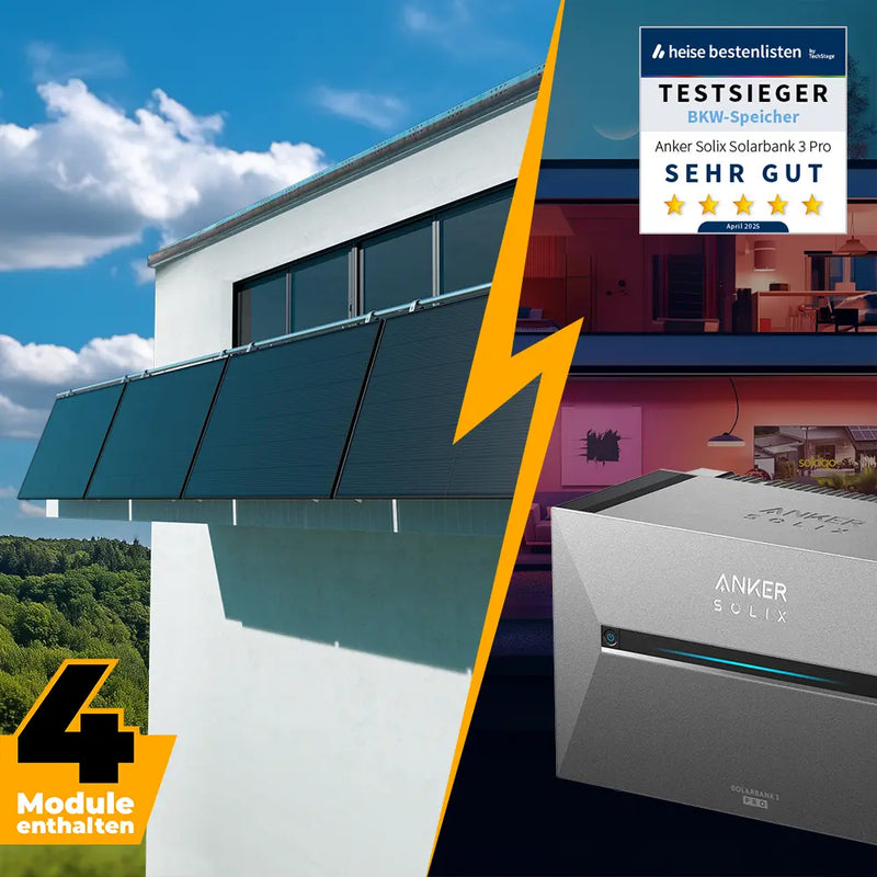 Balkonkraftwerk mit Anker SOLIX Solarbank 3 Pro 2000W Glas-Glas bifazial - Komplettset Gitterbalkon