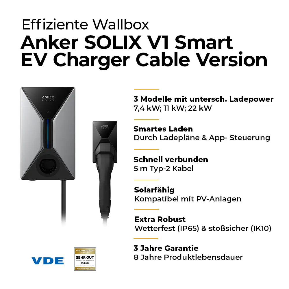 Anker SOLIX V1 Smart EV Charger 22kW mit Kabel Infobild