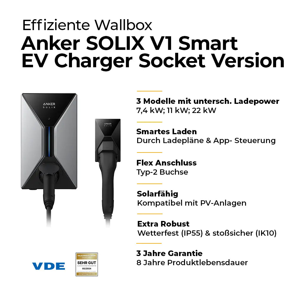 Anker SOLIX V1 Smart EV Charger 22kW ohne Kabel Infobild