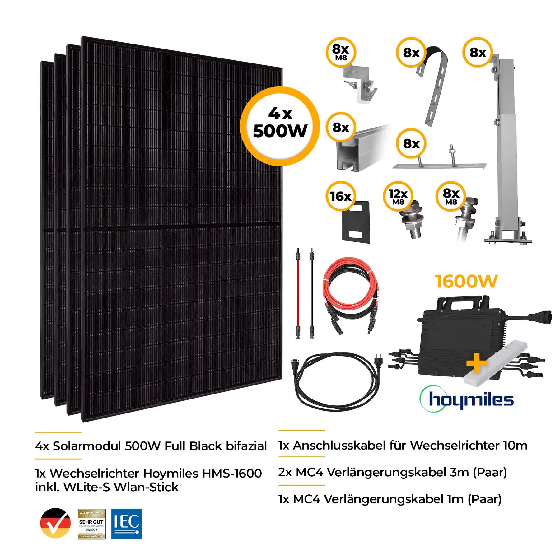 Balkonkraftwerk Komplettset mit Halterung 2000W