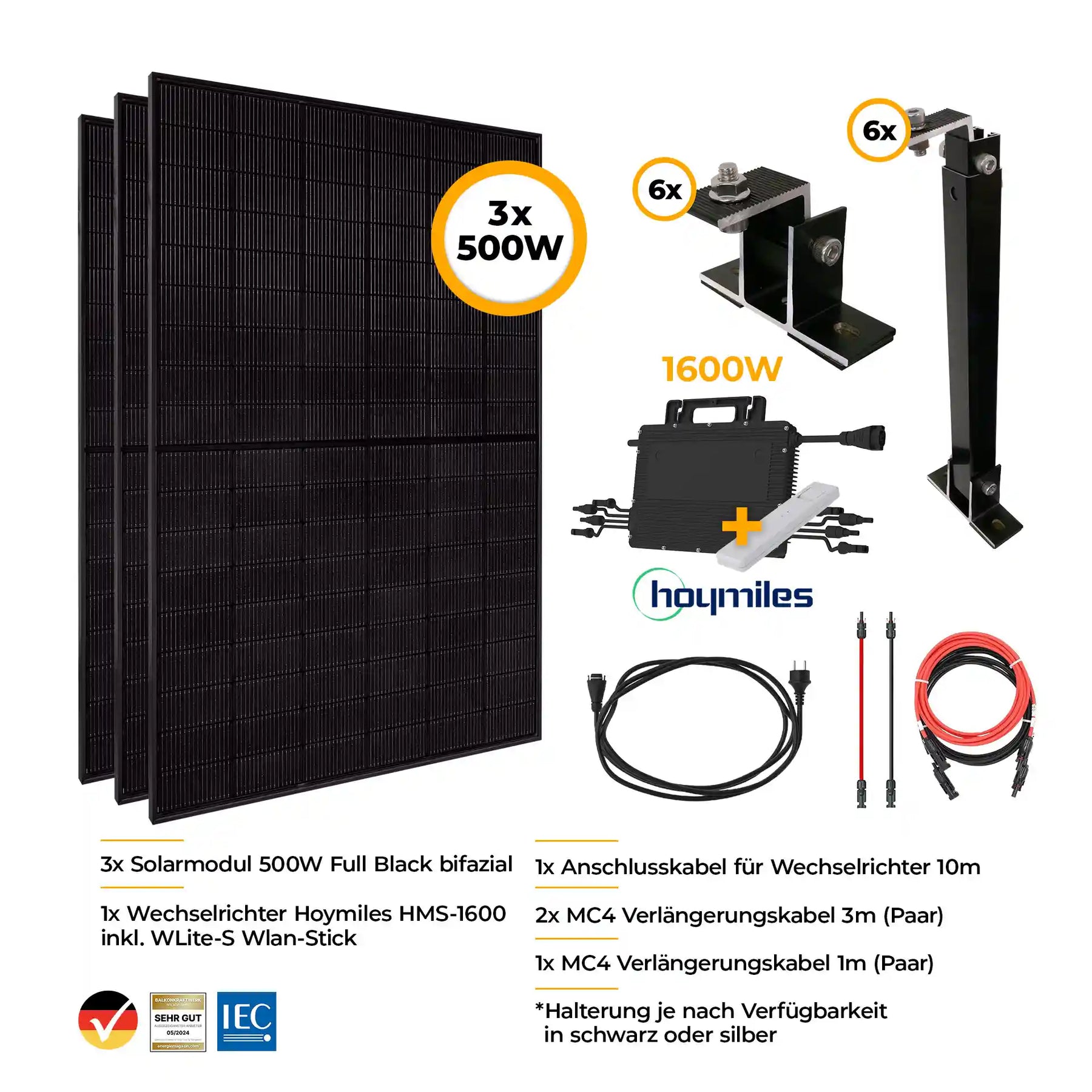 Balkonkraftwerk Komplettset mit Halterung 1500W