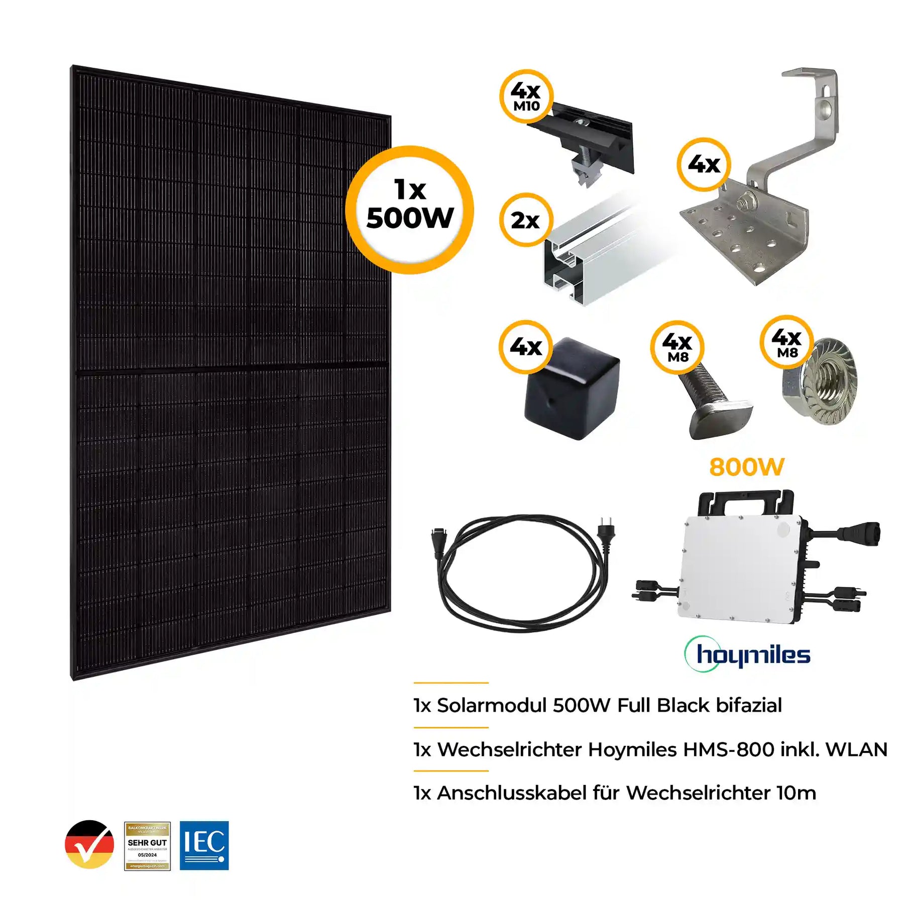 Balkonkraftwerk Komplettset mit Halterung 500W