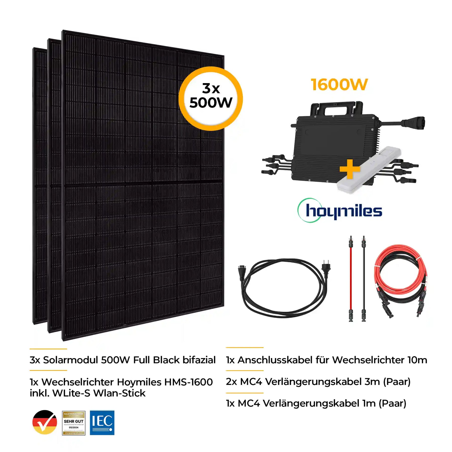 Balkonkraftwerk Komplettset mit Halterung 1500W