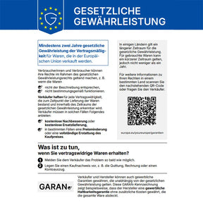 EU-Infografik zur gesetzlichen Gewährleistung, Verbraucherrechten bei Mängeln und Ansprüchen auf Reparatur oder Erstattung.