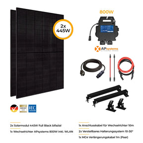 Balkonkraftwerk 800W Glas-Glas bifazial - Komplettset Flachdach/Boden