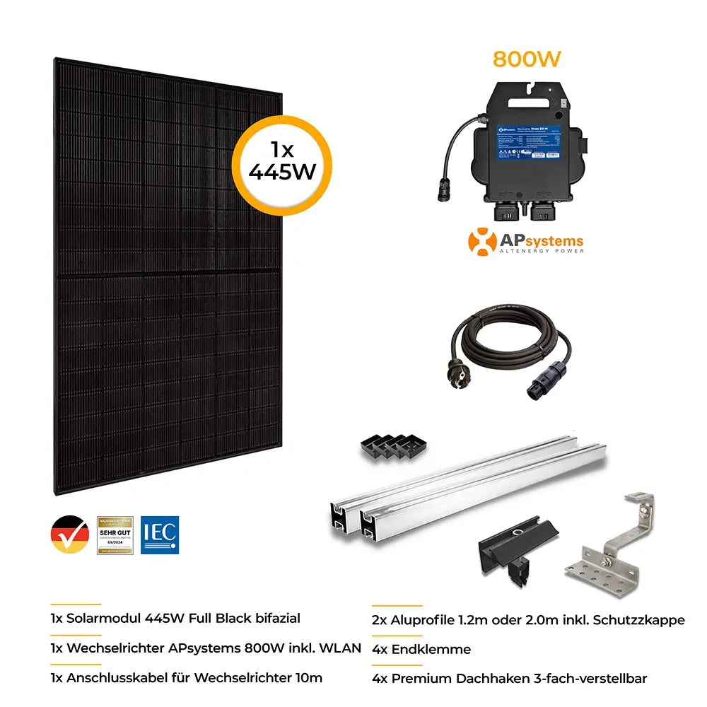 Balkonkraftwerk 445W Glas-Glas bifazial - Komplettset Schrägdach horizontal