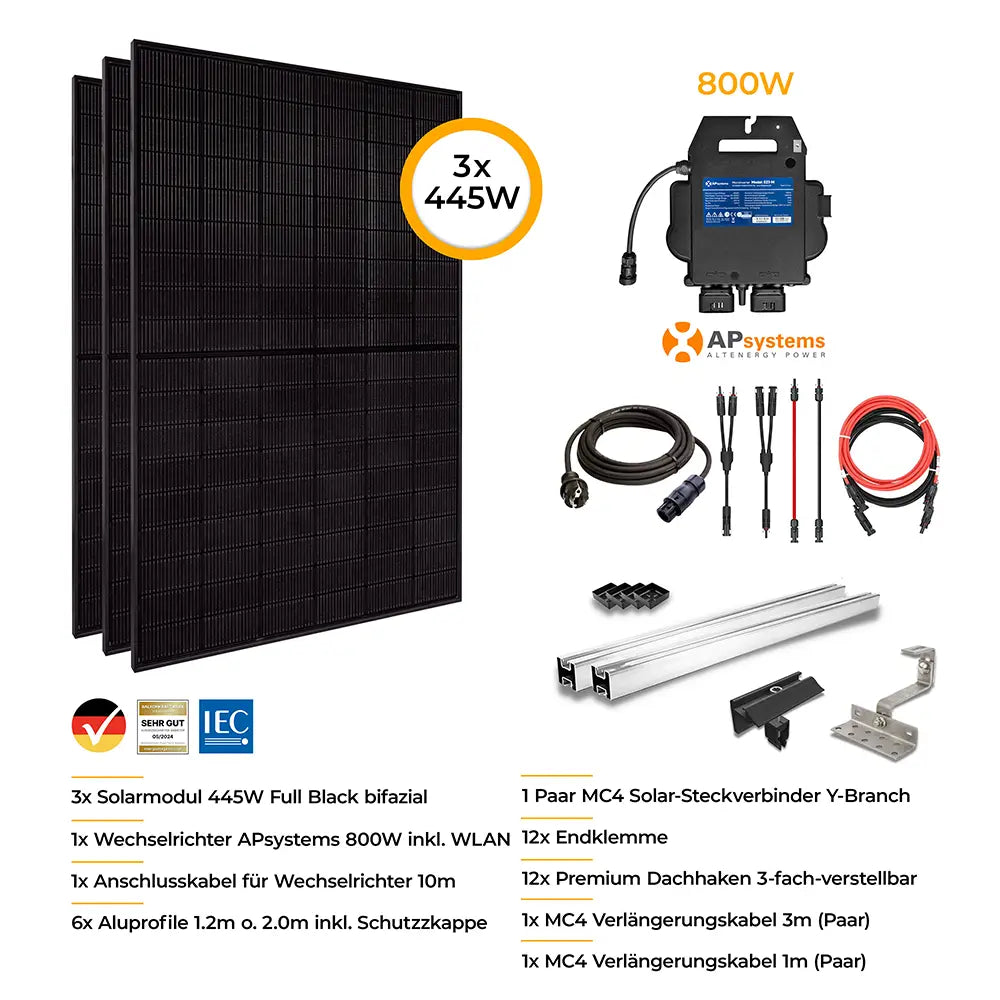 Balkonkraftwerk 1335W Glas-Glas bifazial - Komplettset Schrägdach vertikal