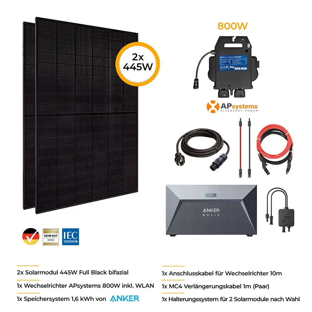 Balkonkraftwerk mit 1,6 kWh Speichersystem 1335W Glas-Glas bifazial - Komplettset Schrägdach vertikal