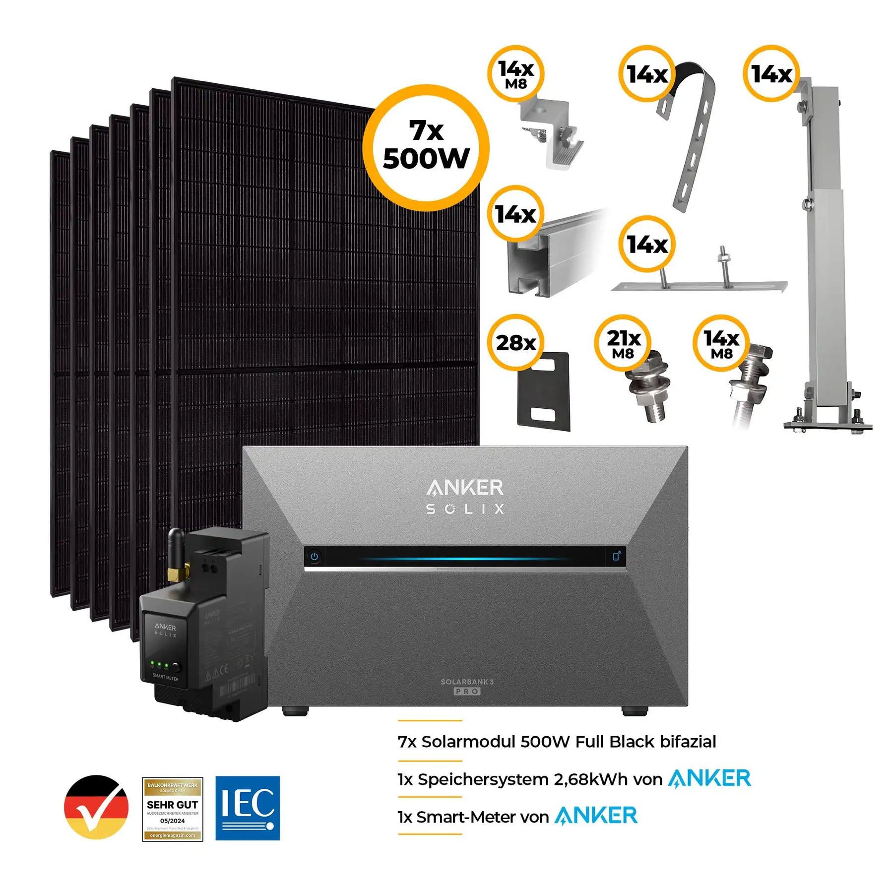 Balkonkraftwerk mit Anker SOLIX Solarbank 3 Pro 3500W Glas-Glas bifazial - Komplettset Gitterbalkon Set Bild