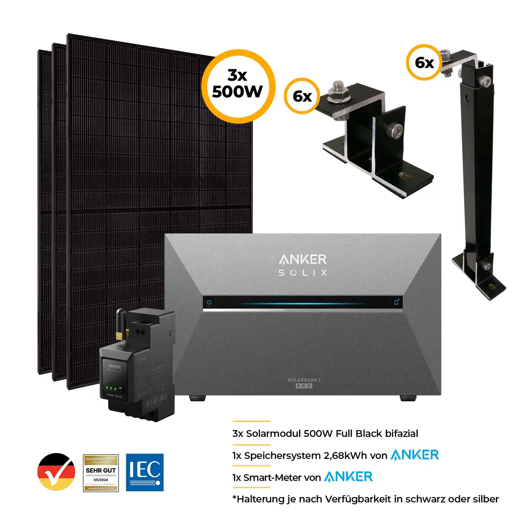 Balkonkraftwerk mit Anker SOLIX Solarbank 3 Pro 1500W Glas-Glas bifazial - Komplettset Flachdach/Boden