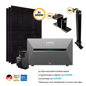 Balkonkraftwerk mit Anker SOLIX Solarbank 3 Pro 1500W Glas-Glas bifazial - Komplettset Flachdach/Boden