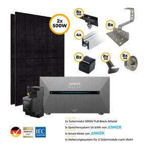 Balkonkraftwerk Komplettset 2x 500 Watt mit Anker Speicher 2 Pro