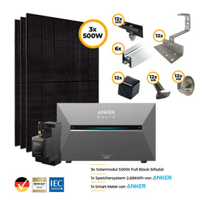 Balkonkraftwerk mit Anker SOLIX Solarbank 3 Pro 1500W Glas-Glas bifazial - Komplettset Schrägdach vertikal