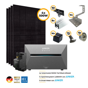 Balkonkraftwerk mit Anker SOLIX Solarbank 3 Pro 2000W Glas-Glas bifazial - Komplettset Schrägdach vertikal
