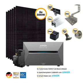 Balkonkraftwerk mit Anker SOLIX Solarbank 3 Pro 3000W Glas-Glas bifazial - Komplettset Schrägdach vertikal Set Bild