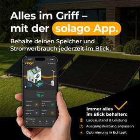 solago-App zur Steuerung des Solarspeichers – Ladezustand und Leistung jederzeit im Blick. Speicher und Stromverbrauch bequem per Smartphone überwachen, Ausgangsleistung anpassen und KI-optimierten Verbrauch nutzen.