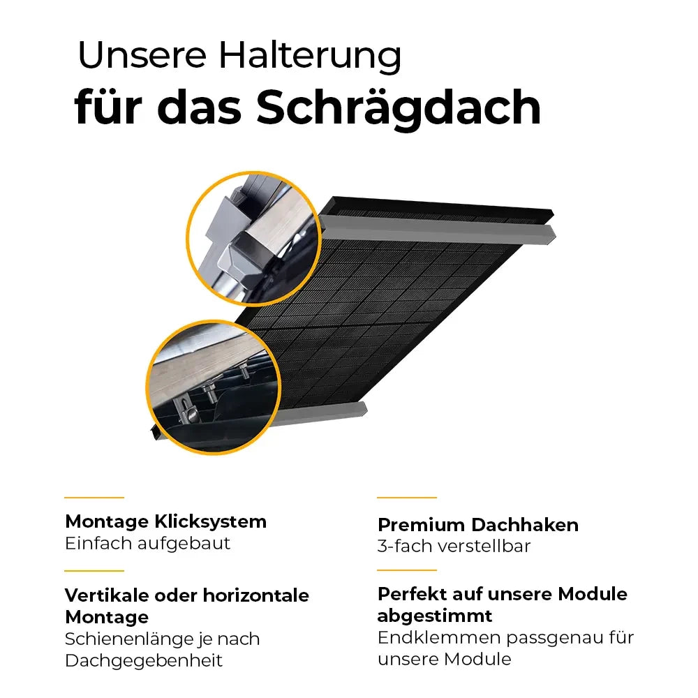 Balkonkraftwerk 1500W Glas-Glas bifazial - Komplettset Schrägdach vertikal