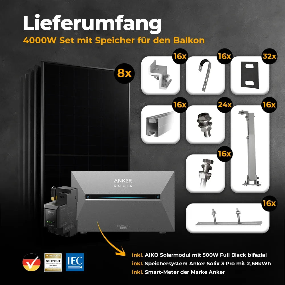 Balkonkraftwerk für den Gitterbalkon mit 4000W mit Speicher - Lieferumfang