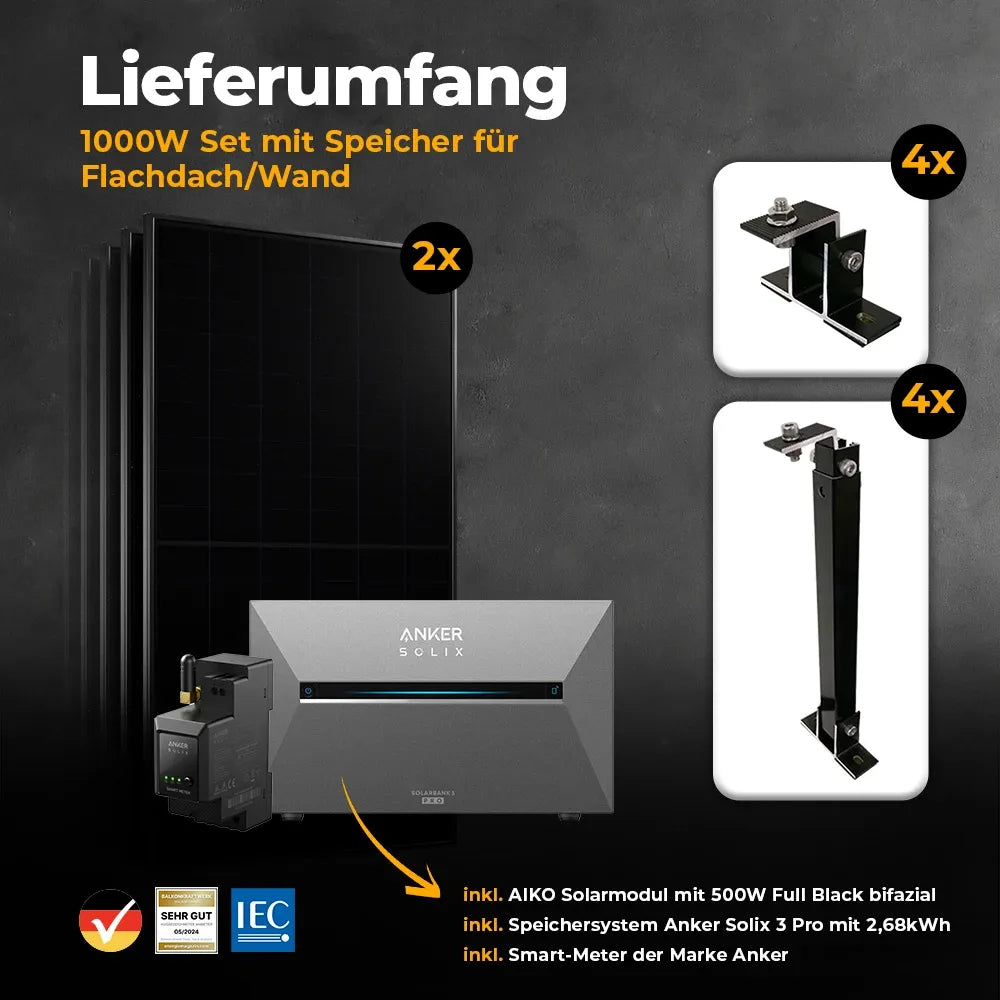 Balkonkraftwerk für das Flachdach mit 1000W mit Speicher - Lieferumfang