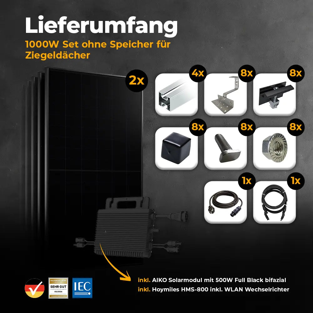 Balkonkraftwerk Lieferumfang für das Schrägdach mit 1000W
