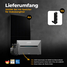 Balkonkraftwerk mit Anker SOLIX Solarbank 3 Pro 2000W Glas-Glas bifazial - Komplettset Stabgitterzaun