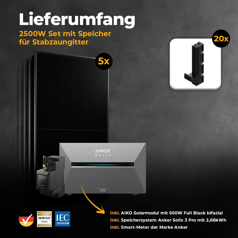 Solarkraftwerk 2500W mit Speicher Anker SOLIX 3 Pro - Komplettset Stabgitterzaun