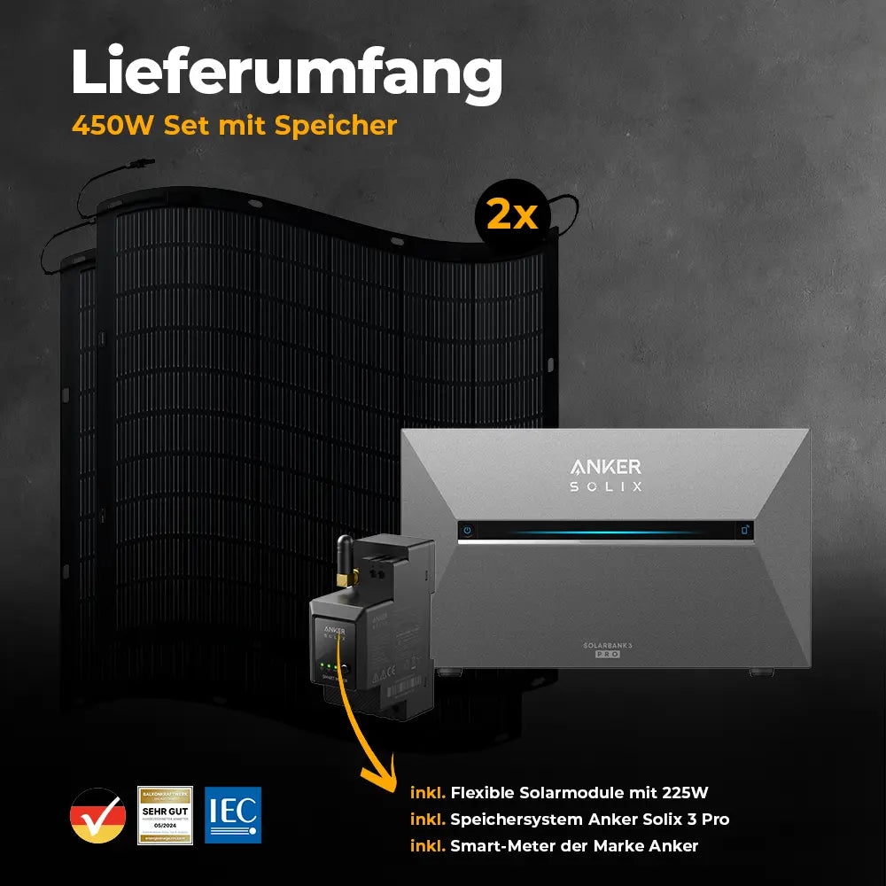 Balkonkraftwerk 450W mit flexiblen Solarmodulen mit Speicher Anker SOLIX 3 Pro - Set