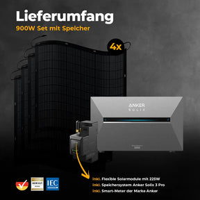 Balkonkraftwerk 900W mit flexiblen Solarmodulen mit Speicher Anker SOLIX 3 Pro - Set