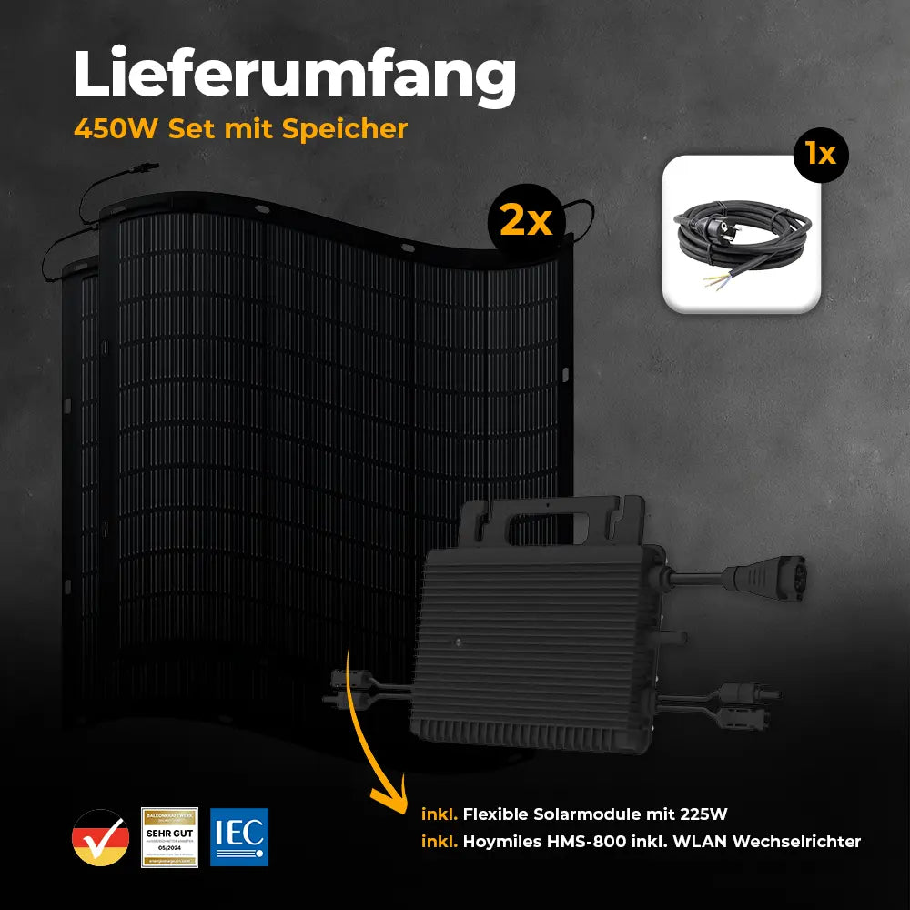 Balkonkraftwerk 450W mit flexiblen Solarmodulen ohne Speicher - Set