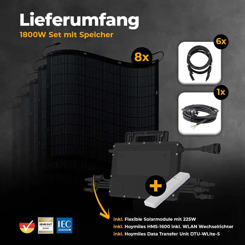 Produktbild Lieferumfang - Balkonkraftwerk 1800W Flexmodul ohne Speicher - Komplettset