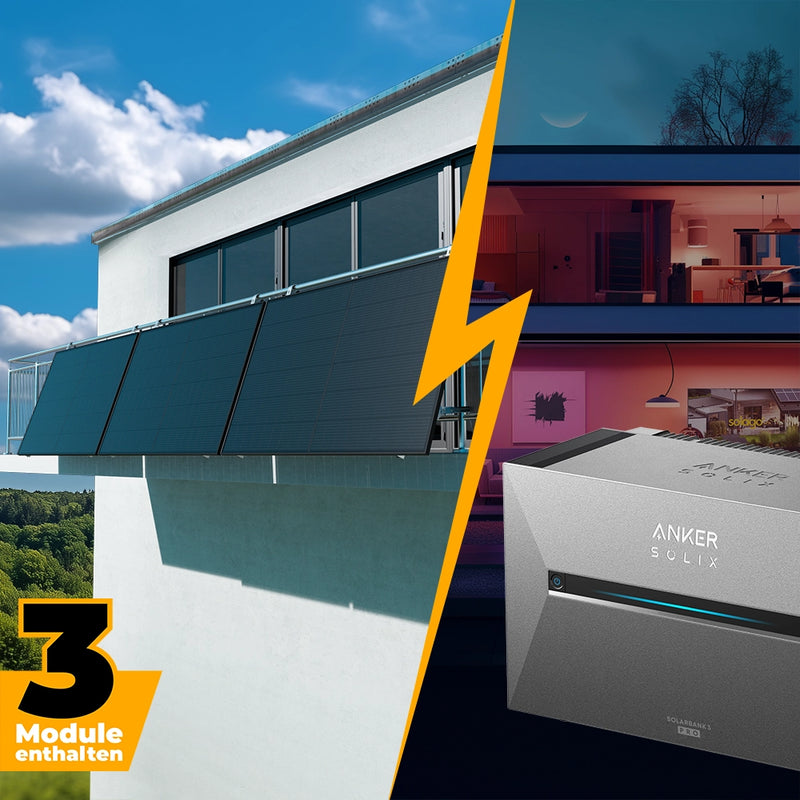 Balkonkraftwerk mit Anker SOLIX Solarbank 3 Pro 1500W Glas-Glas bifazial - Komplettset Gitterbalkon