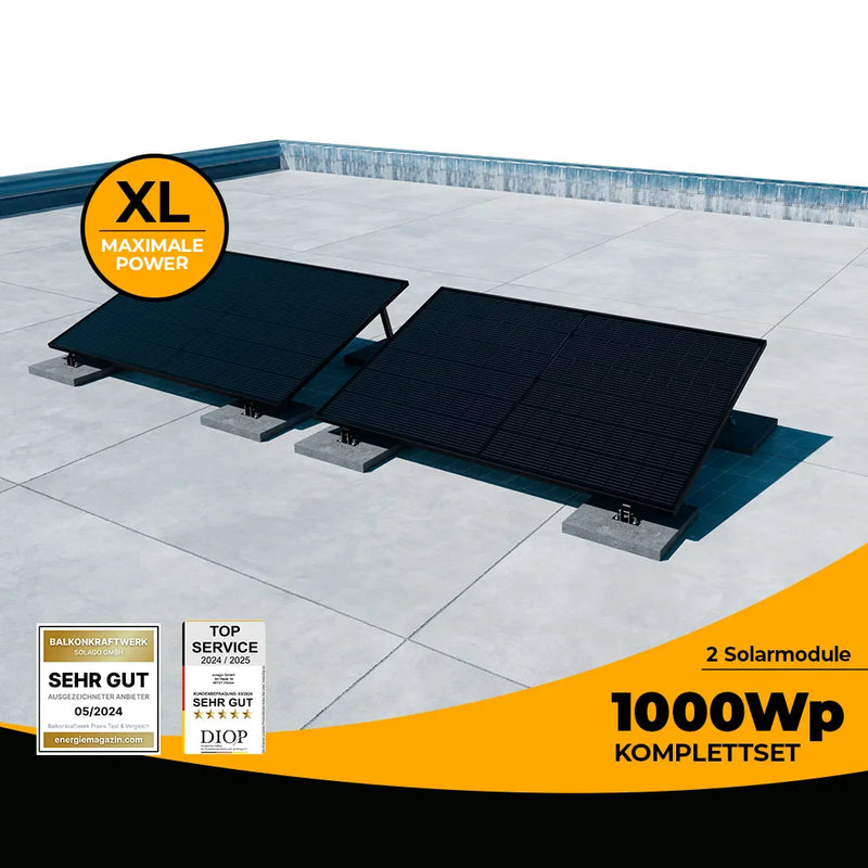Balkonkraftwerk 1000W/800W Glas-Glas bifazial - Komplettset Flachdach/Boden