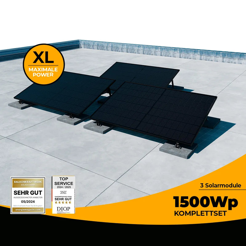 Balkonkraftwerk 1500W Glas-Glas bifazial - Komplettset Flachdach/Boden