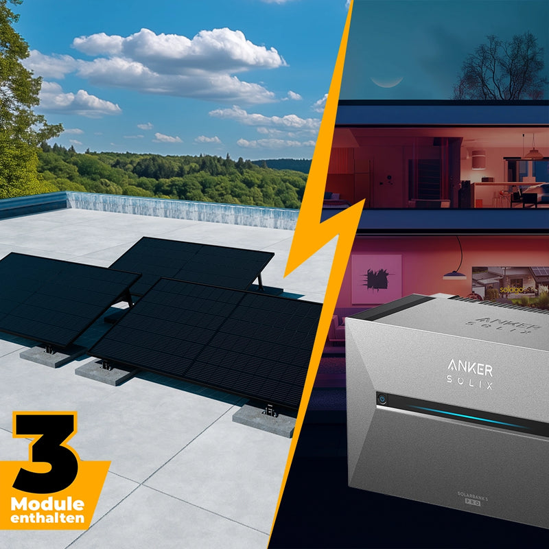 Balkonkraftwerk mit Anker SOLIX Solarbank 3 Pro 1500W Glas-Glas bifazial - Komplettset Flachdach/Boden