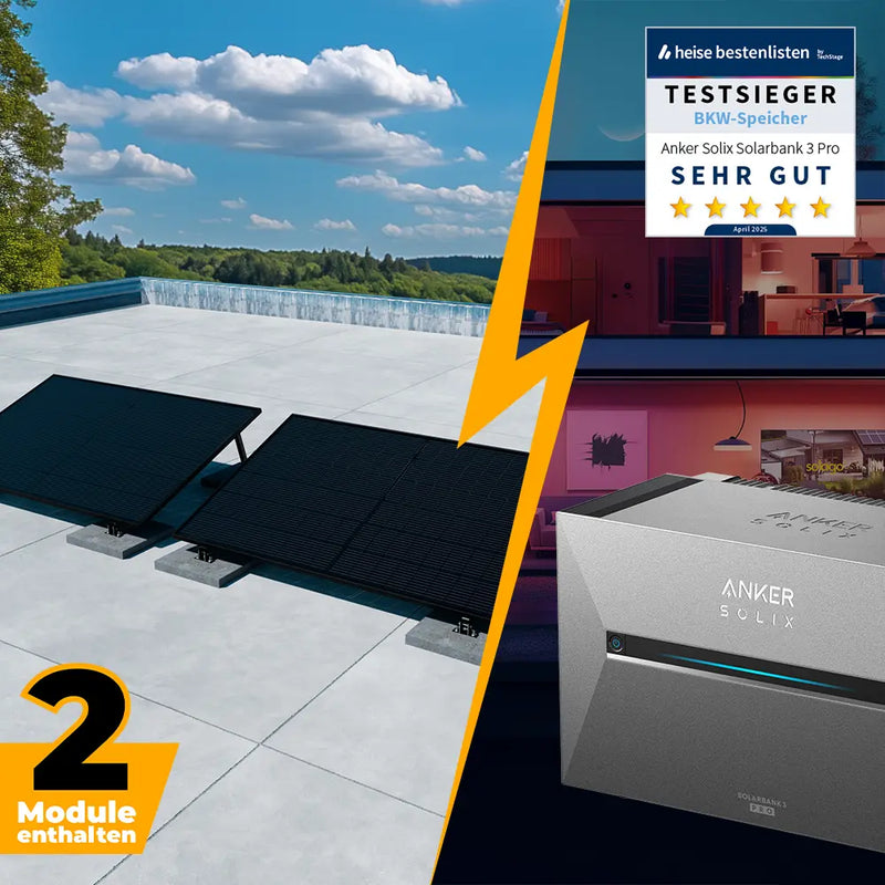 Balkonkraftwerk mit Anker SOLIX Solarbank 3 Pro 1000W/800W Glas-Glas bifazial - Komplettset Flachdach/Boden