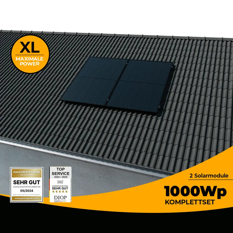 Balkonkraftwerk 1000W/800W Glas-Glas bifazial - Komplettset Schrägdach vertikal